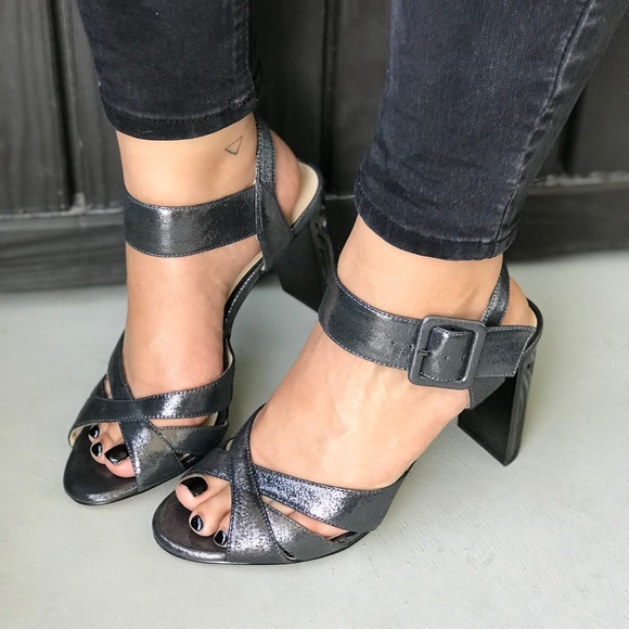 Silver Metallic Crisscross Metal Block Heel Sandal - Picture 2 of 6